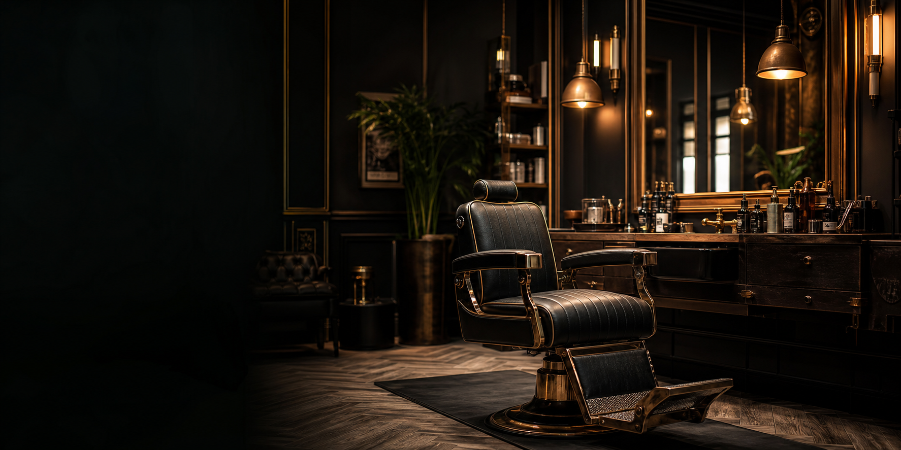 Ambiente premium de barbearia com cadeira, espelhos e luz quente